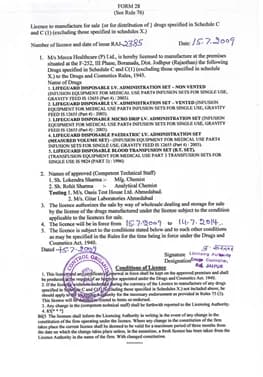 Drug & Medical Device Manufacturing Licence certificate